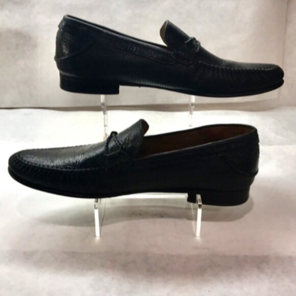 Mezlan Vesta Black Ostrich Woven Calfskin Moc Toe Bit Strap Loafers